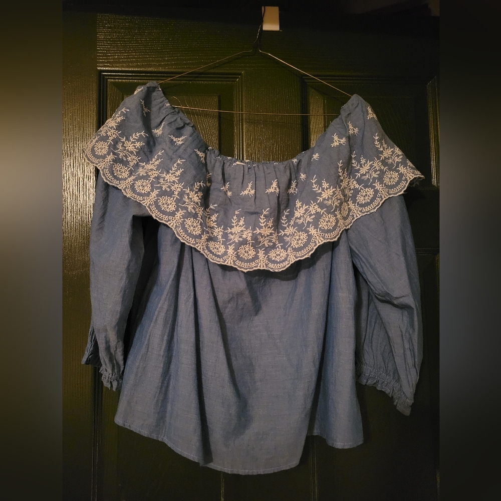 Blue Off-Shoulder Top with White Embroidery